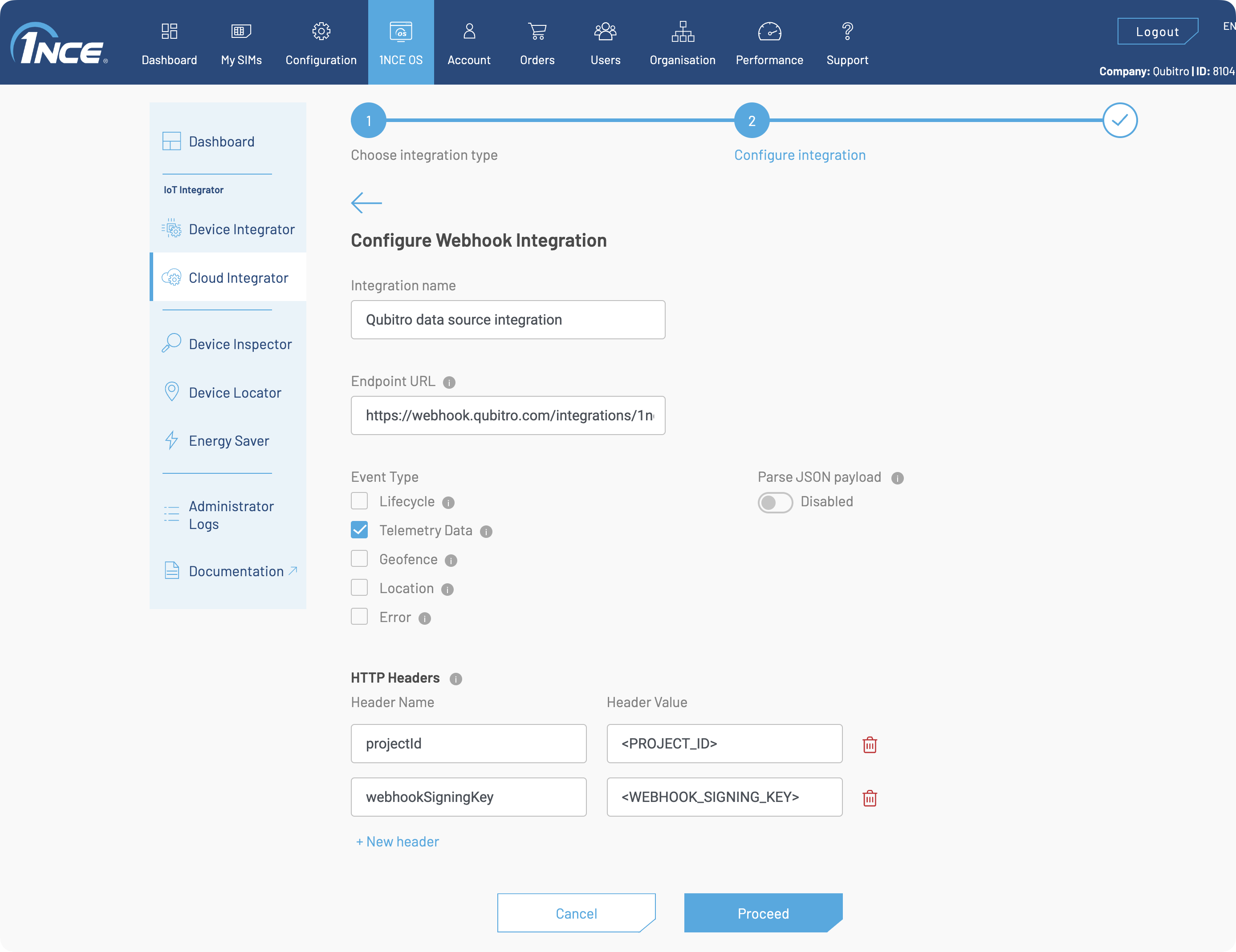 1NCE Portal Webhook Configuration