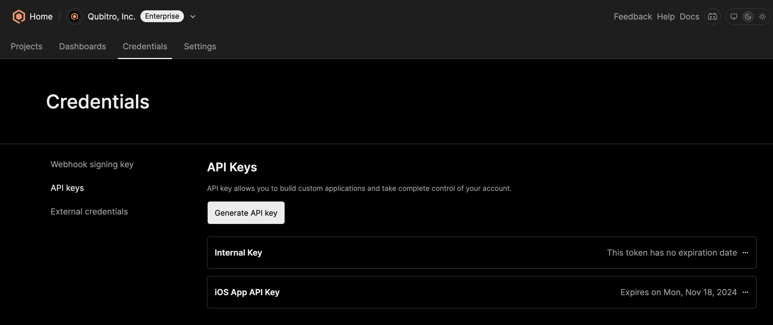 Qubitro API Key Page